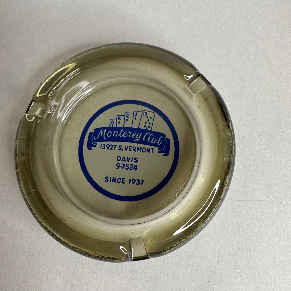 Vintage Monterey Club Gardena California Smoked Glass Ashtray Poker Cards Design